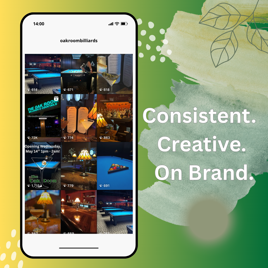 image showing a cell phone with instagram feed and words consistent, creative, and on brand