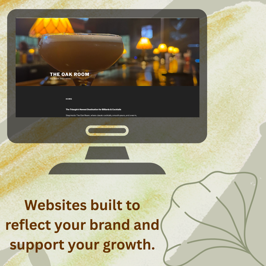 Computer screen with a screenshot of a webpage in the middle, words websites built to reflect your brand and support your growth